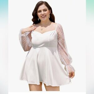 Polka Dots Mesh Long Sleeve A Line Mini White Wedding Bridesmaid Dress XXL NWT